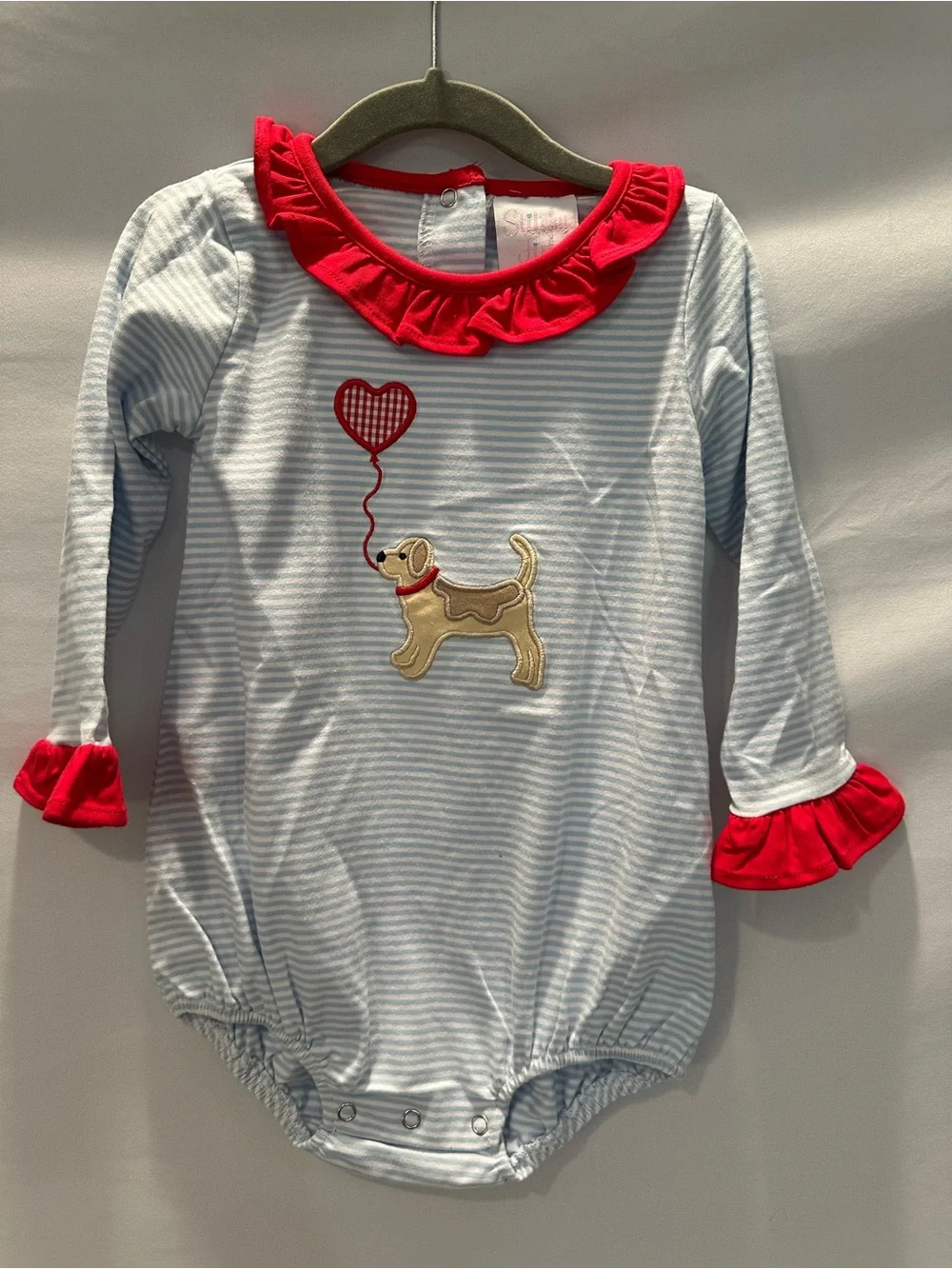 Striped Puppy Appliqué One-Piece for Kids - Red Trim